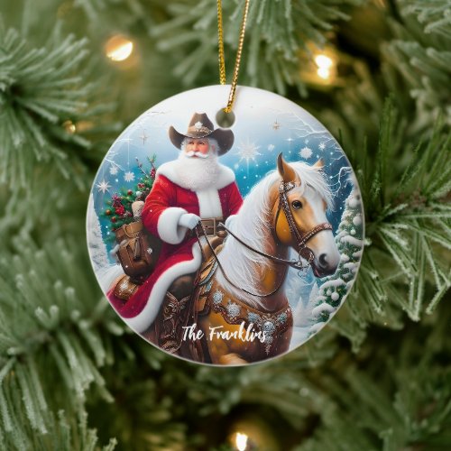 Western Santa Claus Riding a Horse Christmas Ceramic Ornament