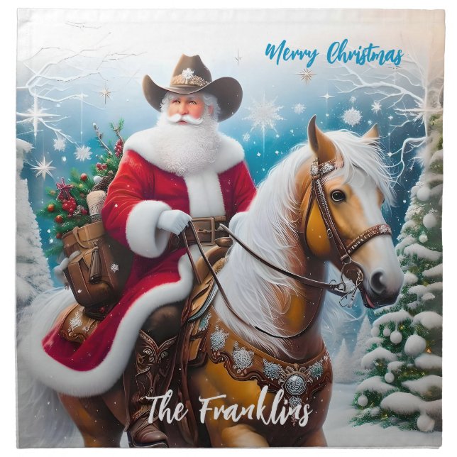 Western Santa Claus Riding a Horse Christmas Cloth Napkin (Front)