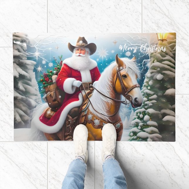 Western Santa Claus Riding a Horse Christmas Doormat (Indoor)