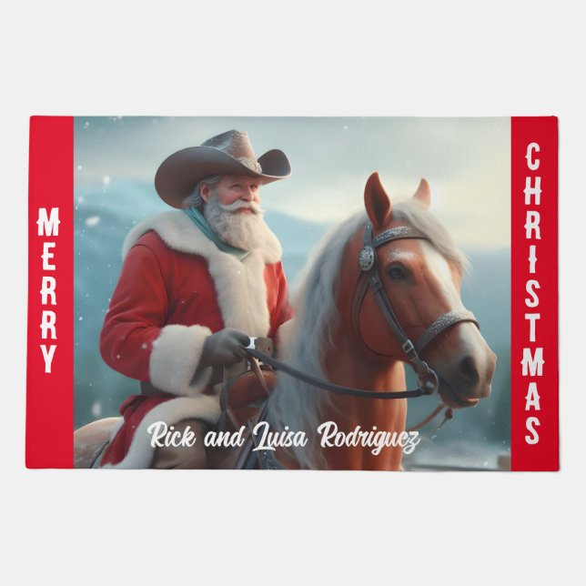 Western Santa Claus Riding a Horse Christmas Doormat (Front)