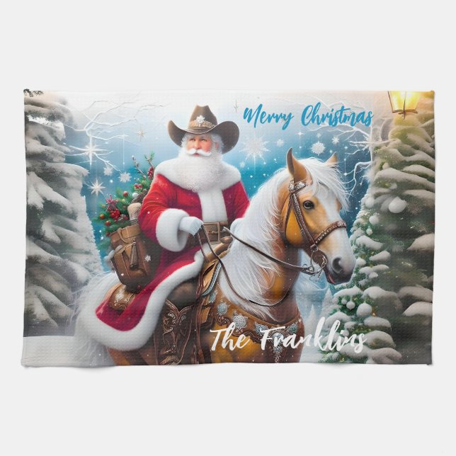 Western Santa Claus Riding a Horse Christmas Kitchen Towel (Horizontal)