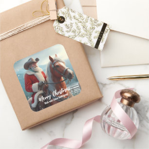 Western Santa Claus Riding a Horse Christmas Square Sticker