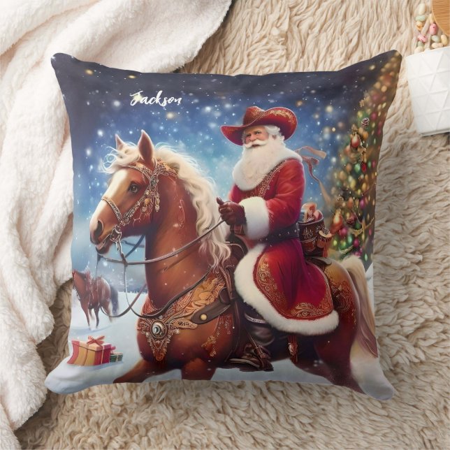 Western Santa Claus Riding a Horse Christmas Throw Pillow (Blanket)