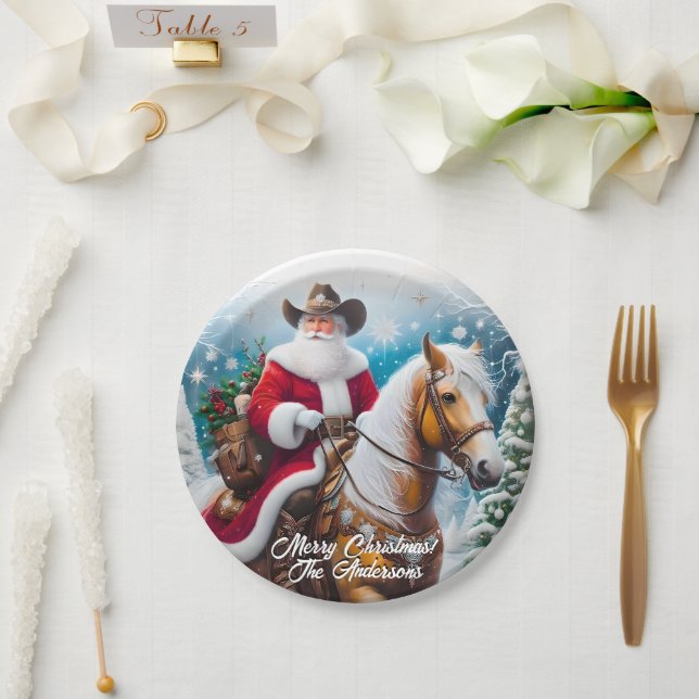 Western Santa Claus Riding Palomino Christmas Paper Plates (Wedding)