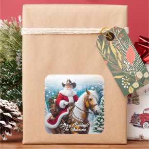 Western Santa Claus Riding Palomino Christmas Square Sticker