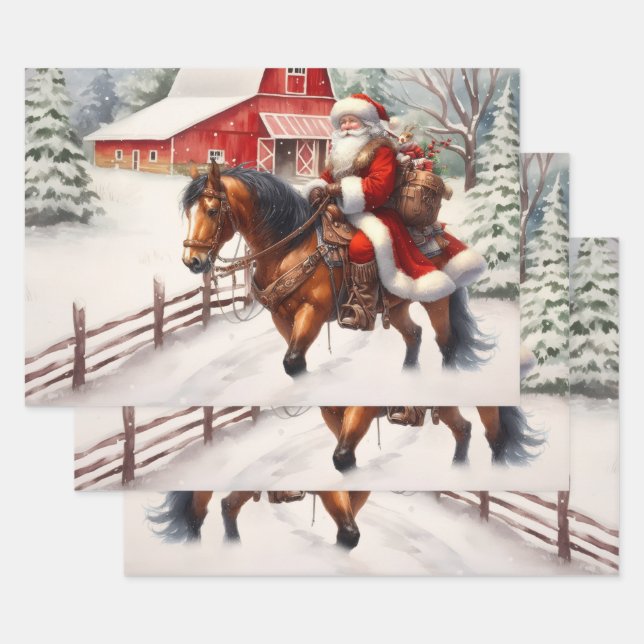 Western Santa on Horseback Country Christmas  Wrapping Paper Sheets (Set)