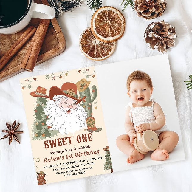 Western Santa Sweet One Christmas Birthday Photo Invitation (Creator Uploaded)