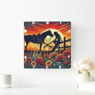 Western Scene Depicting Horse, Rider, Sunset Square Wall Clock