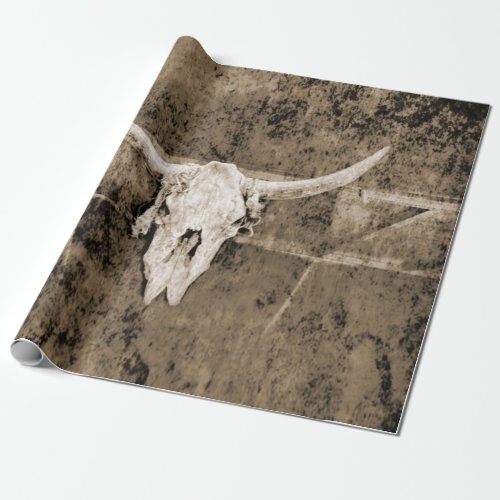 Western Sepia Brown Texture Cowboy Bull Skull Wrapping Paper