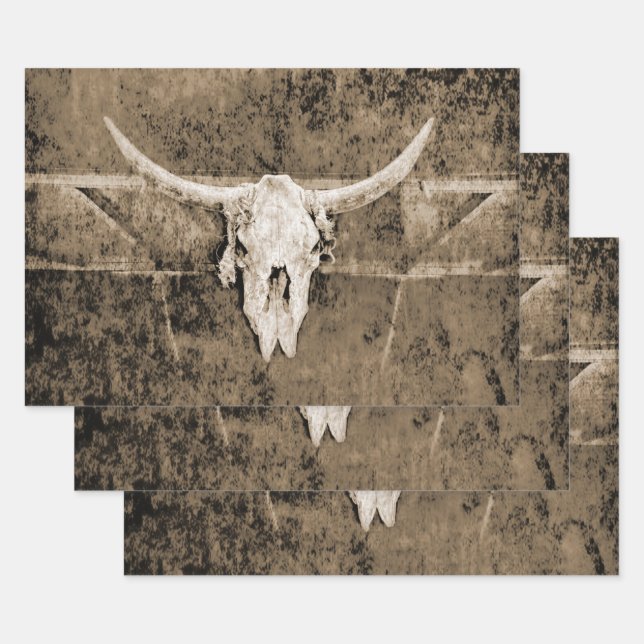 Western Sepia Brown Texture Cowboy Bull Skull Wrapping Paper Sheets (Set)
