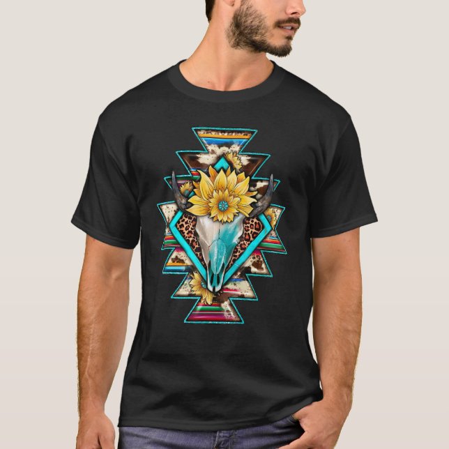 Western Serape Sunflower Leopard Aztec Bull Skull  T-Shirt (Front)
