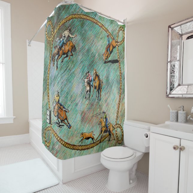 Western Shower Curtain With Rodeo Events And Rope (In Situ)