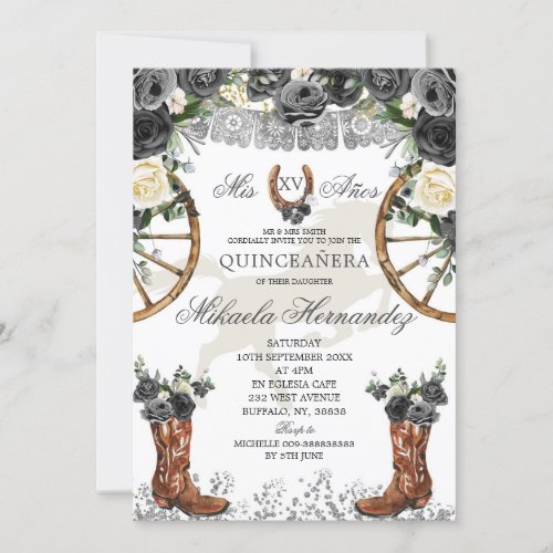 Western Silver and Black Charra Boots 15 Anos Invitation