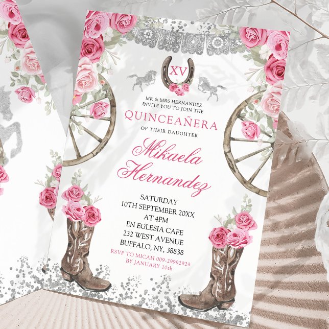 Western Silver Pink Floral Charra Quinceañera Invitation (Creator Uploaded)