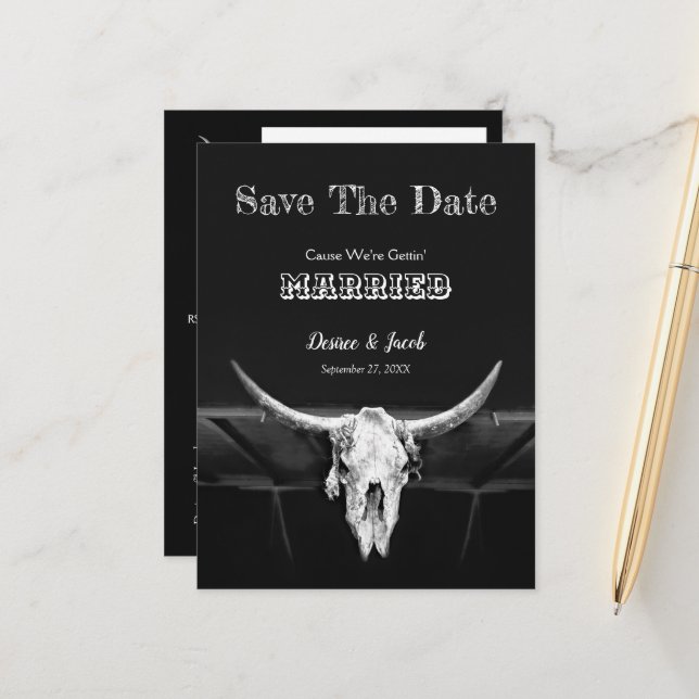 Western Skull Rustic Black And White Save The Date Postcard (Front/Back In Situ)
