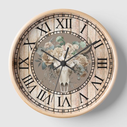 Western skull white rose eucalyptus western chic clock