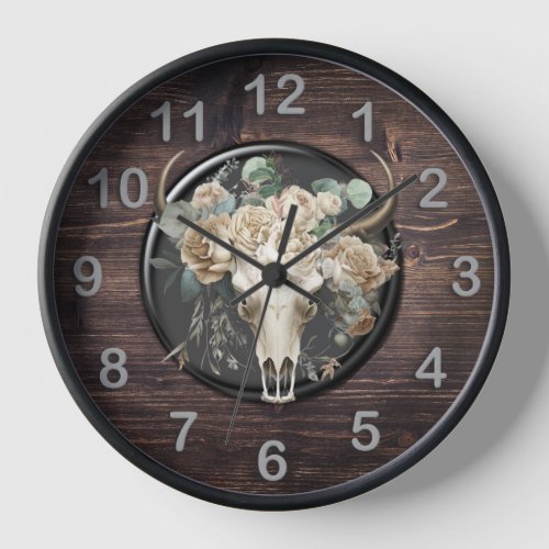 Western skull white rose eucalyptus woodgrain clock