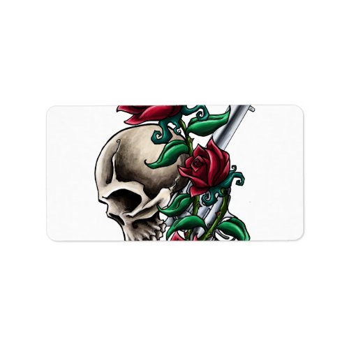 Western Skull with Red Roses and Revolver Pistol Label