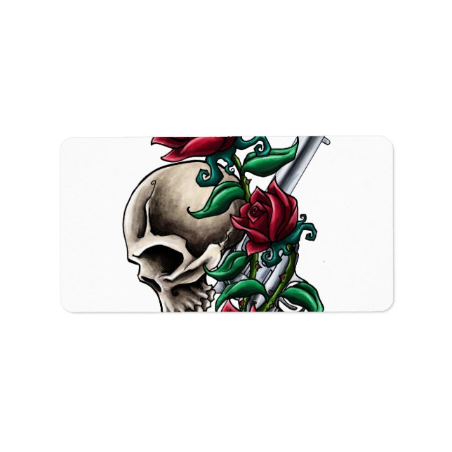 Western Skull with Red Roses and Revolver Pistol Label (Front)
