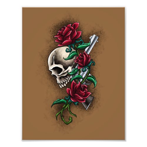 Western Skull with Red Roses and Revolver Pistol Photo Print