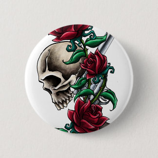 Western Skull with Red Roses and Revolver Pistol Pinback Button