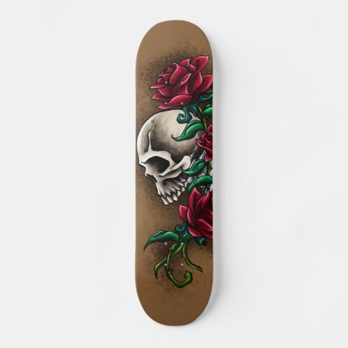 Western Skull with Red Roses and Revolver Pistol Skateboard Deck