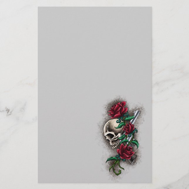 Western Skull with Red Roses and Revolver Pistol Stationery (Front)