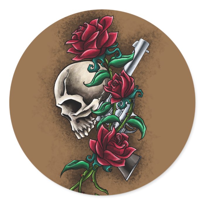 Western Skull with Red Roses and Revolver Pistol Round Stickers