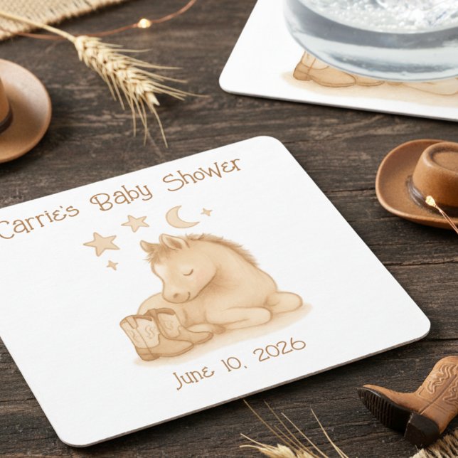 Western Sleeping Pony Moon and Stars Boho Square Paper Coaster (Sweet foal and baby boots western theme baby shower drink coaster)