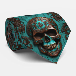 Western Southern Brown Turquoise Sugar Skull Neck Tie