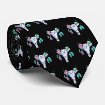 Western  Southwest Cow Skull With Feathers 1 Neck Tie by RODEODAYS at Zazzle