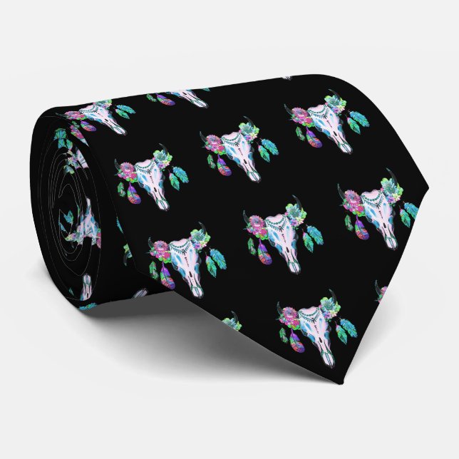 Western  Southwest Cow Skull With Feathers 1 Neck Tie (Rolled)