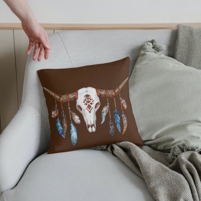 Western Steer Skull and Feathers Throw Pillow (Creator Uploaded)
