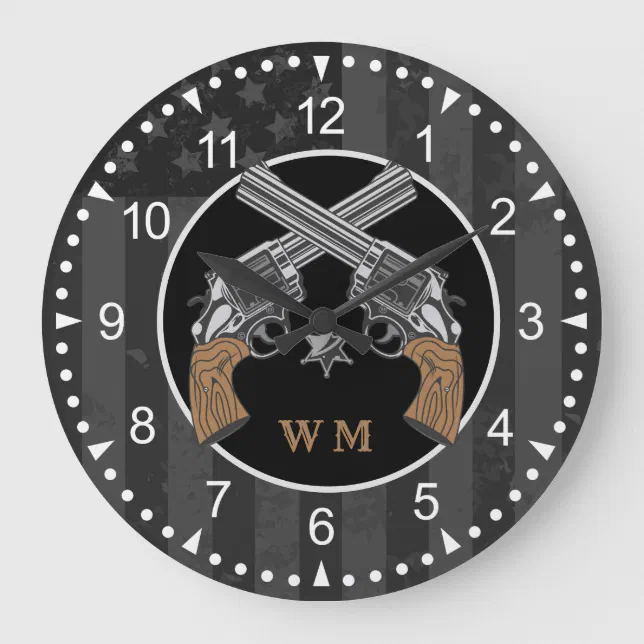 Western Style Crossed Guns With Monogram Large Clock | Zazzle