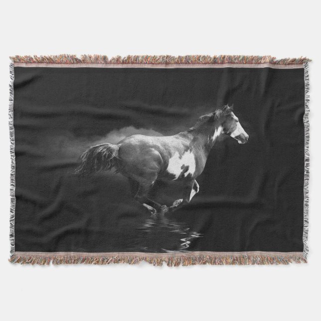 Western-style Galloping Pinto Horse and Smoke Throw Blanket (Front)