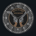Western Style Guns And Custom Name Large Clock<br><div class="desc">Very beautiful wall clock that features a dark distressed American flag in the background,  crossed guns in the center and your name or club at top. Great for patriotic types,  shooting clubs or gun enthusiast.</div>