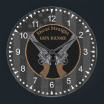 Western Style Guns And Custom Name Large Clock<br><div class="desc">Very beautiful wall clock that features a dark distressed American flag in the background,  crossed guns in the center and your name or club at top. Great for patriotic types,  shooting clubs or gun enthusiast.</div>