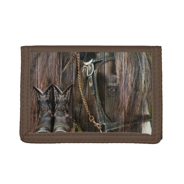 Western Style Horse And Cowboy Boots Trifold Wallet (Front)