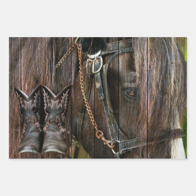 Western Style Horse And Cowboy Boots Wrapping Paper Sheets (Front)