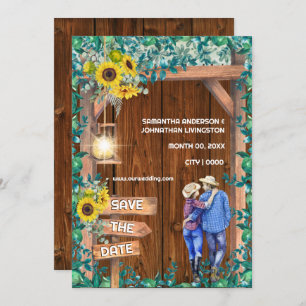 Western sunflower couple rustic country wood invitation