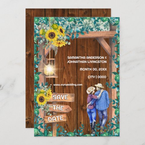 Western sunflower couple rustic country wood  invitation