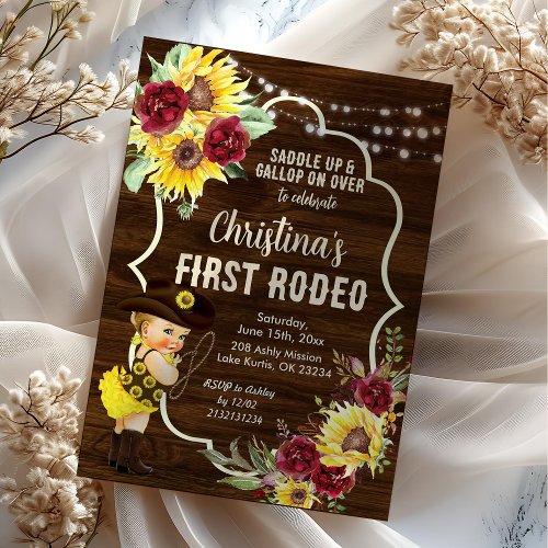 Western Sunflower Roses Cowgirl First Birthday Invitation
