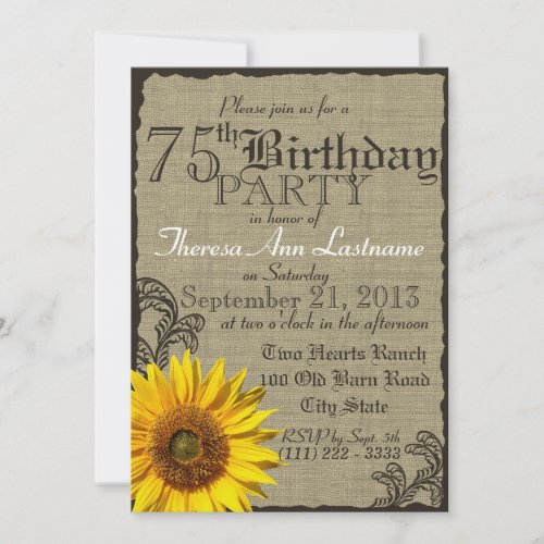 Western Sunflower Rustic 75th Birthday Invites