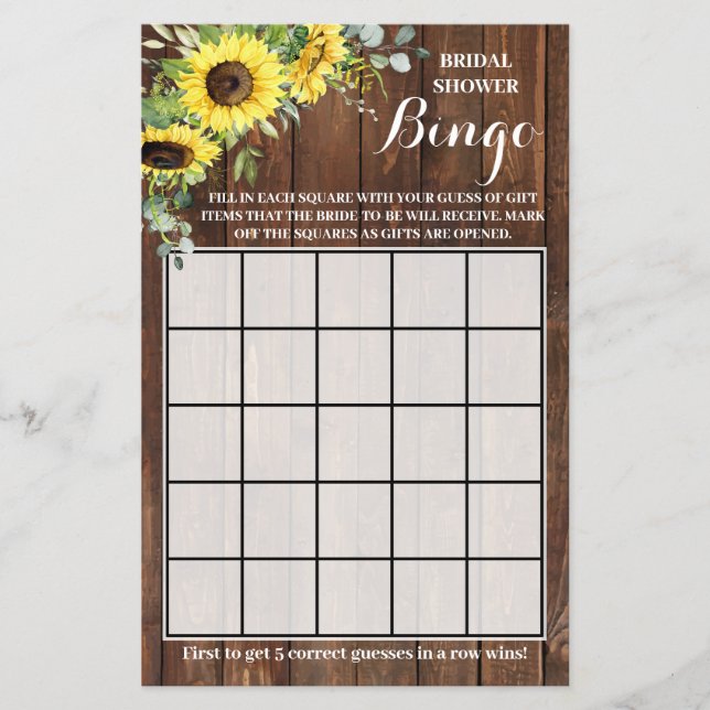 Western Sunflowers Greenery Shower Bingo Game Card Flyer (Front)