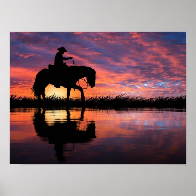 Western Sunset Cowboy on Horseback Big Sky Poster (Front)