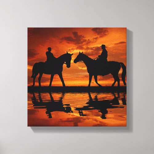 Western Sunset Horseback Riding cowboy silhouette Canvas Print