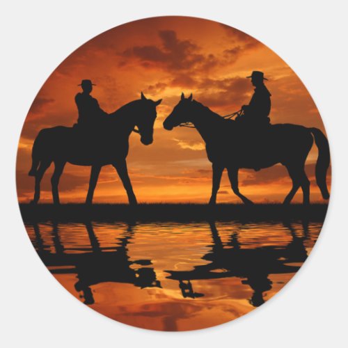 Western Sunset Horseback Riding cowboy silhouette Classic Round Sticker