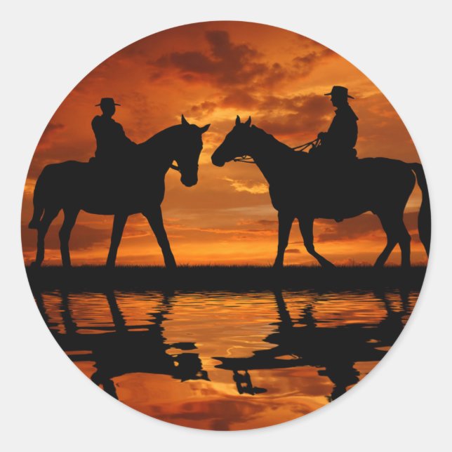 Western Sunset Horseback Riding cowboy silhouette Classic Round Sticker (Front)