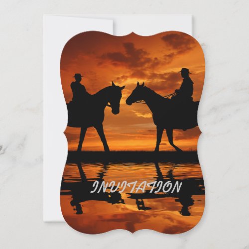 Western Sunset Horseback Riding cowboy silhouette Invitation