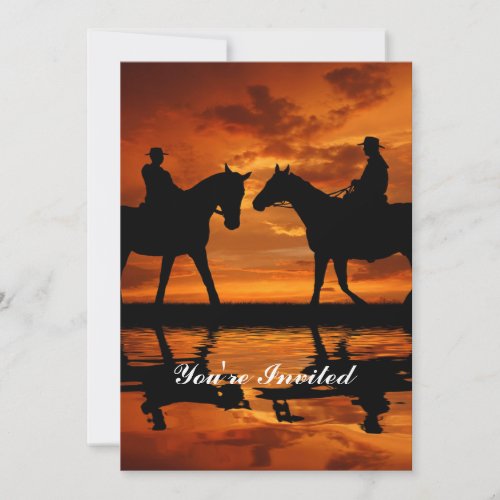Western Sunset Horseback Riding cowboy silhouette Invitation